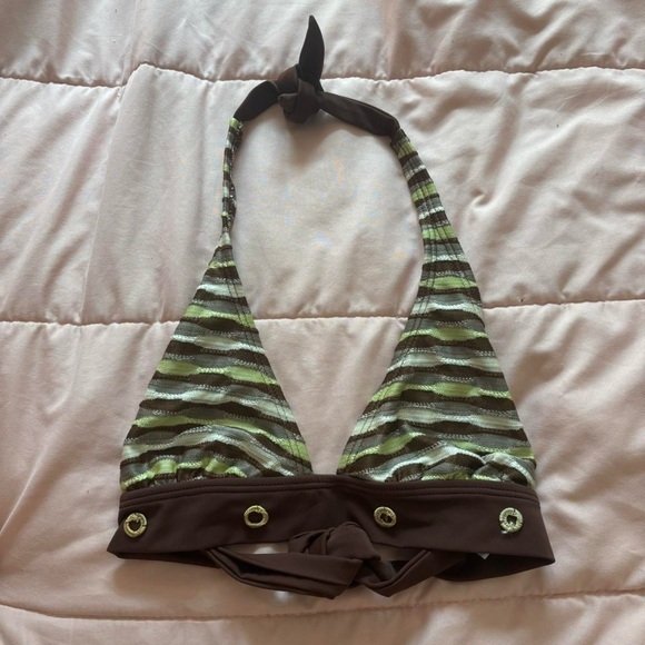 American Vintage Other - Y2K Brown Green Striped Halter Bikini Top – Retro Swimwear (Size 16)
